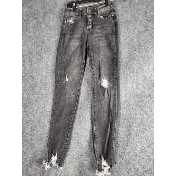 Judy Blue Distressed Skinny Jeans Gray Button Fly Junior Women Sz 1/25‎ Designer - Picture 1 of 12